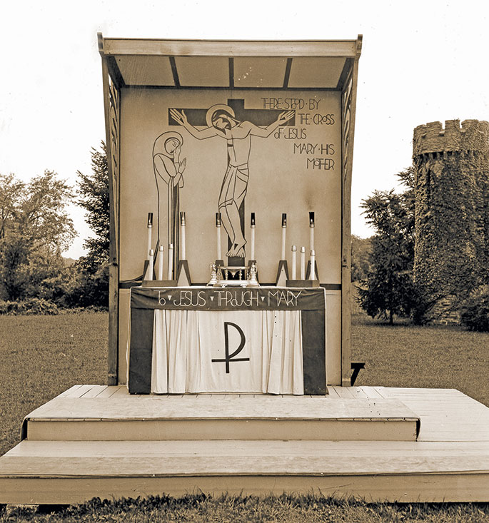 A portable altar for outdoor use appears in this photo taken at the former Monastery of the Resurrection in Indianapolis. The altar was used by the Carmelites for their annual novena to Our Lady of Mount Carmel, which was held on the monastery grounds each July for nearly 30 years, beginning in 1939. Thousands of Catholics from the Indianapolis area attended the outdoor novena each year. The Carmelites moved in 2008 to the campus of the Sisters of St. Francis in Oldenburg. The former Monstery of the Resurrection is now the site of Bishop Simon Bruté College Seminary.