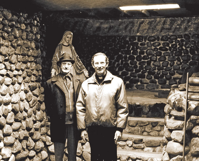 Originally intended to be a Marian shrine, the basement of the church at the former Holy Guardian Angels Parish in Cedar Grove appears in this photo from 1980. Standing in the shrine are Father James O’Riley, pastor at that time, right, and parishioner Al Fohl. The basement was later converted into an adult education center. The parish was merged with St. Michael Parish in Brookville in 2013.