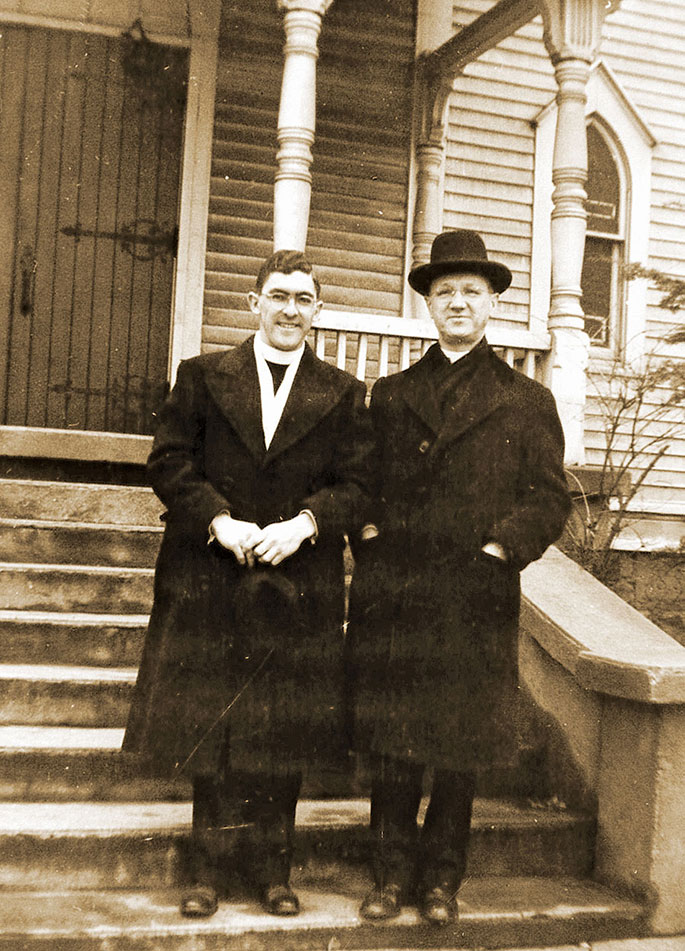 In this photo are then-Indianapolis Archbishop Joseph E. Ritter, right, and Jesuit Brother John Kleinhenz, a seminarian for the Society of Jesus at the former West Baden College in West Baden Springs. The photo was taken on Feb. 5, 1945, at Our Lady of the Springs Church in nearby French Lick. Brother Kleinhenz was ordained a priest for the Jesuits at West Baden College on June 18, 1952. West Baden College was a Jesuit seminary that opened in 1934 on the grounds of the former West Baden Springs Hotel, which had closed during the Great Depression. The college closed in 1964, and the property had several other uses before reopening as the West Baden Springs Hotel in 2007.