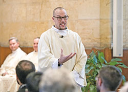 Transitional Deacon Timothy DeCrane preaches a homily during a Mass on Nov. 13, 2018, in the St. Thomas Aquinas Chapel at Saint Meinrad Seminary and School of Theology in St. Meinrad. A member of Holy Name of Jesus Parish in Beech Grove, Deacon DeCrane will be ordained a priest on June 1 in SS. Peter and Paul Cathedral in Indianapolis. (Photo courtesy of Saint Meinrad Archabbey)