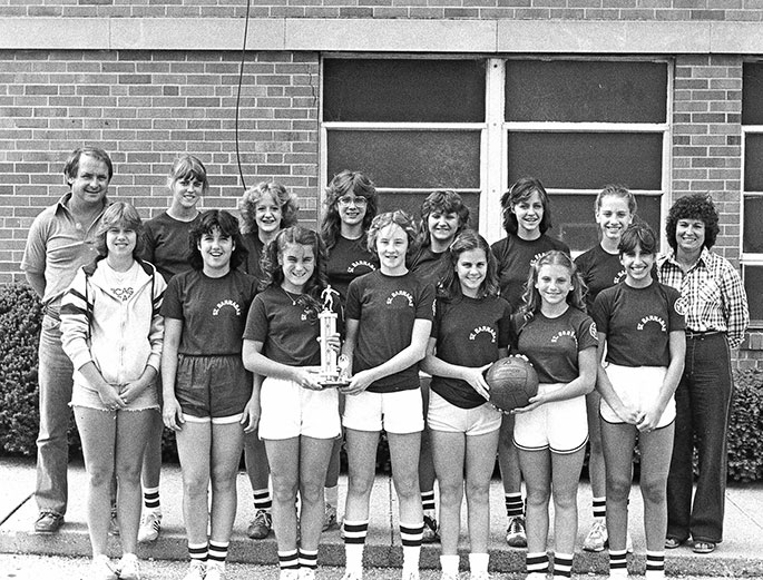 This photo captures the archdiocesan Catholic Youth Organization’s 1980 Cadet “A” Girls Kickball League Champion team from St. Barnabas Parish in Indianapolis. The coaches were Dick and Diane Music.
