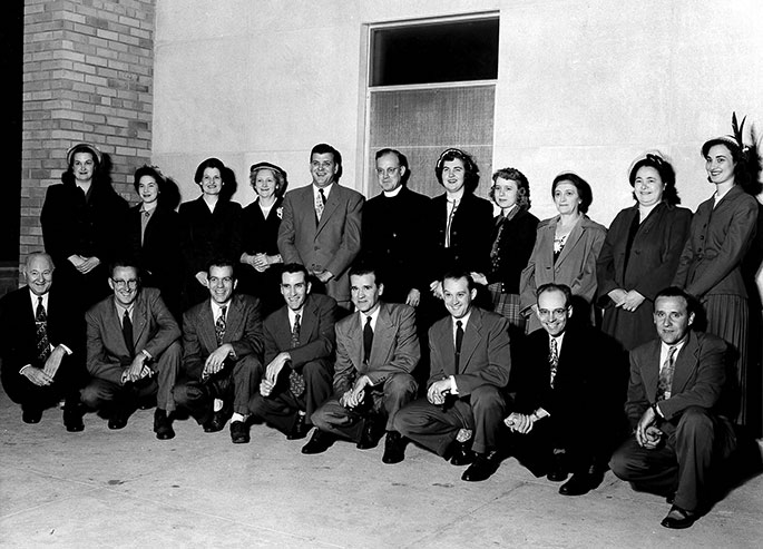 The parish choir of the former St. Ann Parish in Terre Haute appears in this photo from 1953. The priest in the center of the back row is Father James Hickey, who was pastor of the parish from 1944-1956. St. Ann Parish was founded in 1876 and was merged with St. Joseph University Parish, also in Terre Haute, in 2012.