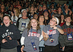Youths from the Diocese of Joliet, Ill., exude joy during the opening evening session of the National Catholic Youth Conference on Nov. 21 in Lucas Oil Stadium in Indianapolis. (Photo by John Shaughnessy)