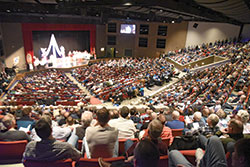 The auditorium of East Central High School in St. Leon is filled on Feb. 22 with 1,500 participants in the fifth annual E6 Catholic Men’s Conference, sponsored by All Saints Parish in Dearborn County. (Photo by Sean Gallagher)