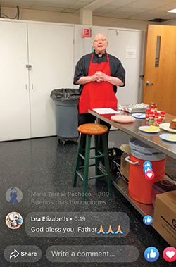 Father John McCaslin, pastor of St. Monica Parish in Indianapolis, welcomes viewers to his Facebook livestreamed session on how to make pizza from items found in most kitchen cabinets. (Courtesy www.facebook.com/pg/saintmonicaindy)