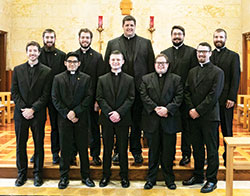 Archdiocesan seminarians pose in the St. Thomas Aquinas Chapel at Saint Meinrad Seminary and School of Theology in St. Meinrad after becoming candidates for holy orders. They are, from left in the front row, Jack Wright, Jose Neri, Samuel Rosko, Matthew Perronie and Liam Hosty; in the back row, from left, Bobby Vogel, Nicholas Rivelli, Anthony Armbruster, Michael Clawson and Tyler Huber. (Photo courtesy of Saint Meinrad Archabbey)