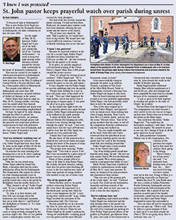 Criterion staff writer Sean Gallagher received a first-place award from the Catholic Media Association of the United States and Canada in the Best News Writing on a Local or Regional event—One Shot—category for his article, “St. John pastor keeps prayerful watch over parish during unrest.” The story focused on Father Rick Nagel, pastor of St. John the Evangelist Parish, and his response to peaceful protests in downtown Indianapolis that descended into violence the weekend of May 30-31, 2020, after the death of George Floyd in Minneapolis.
