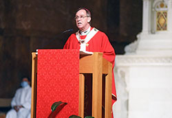 Archbishop Charles C. Thompson preaches a homily during an Oct. 17 Mass at SS. Peter and Paul Cathedral in Indianapolis that began the archdiocese’s participation in the preparation for a 2023 meeting at the Vatican of the Synod of Bishops on synodality in the Church. (Photo by Sean Gallagher)