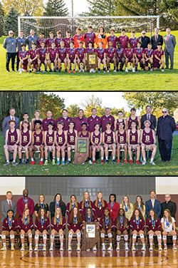 From top to bottom: The boys’ soccer team of Brebeuf Jesuit Preparatory School in Indianapolis earned the Indiana High School Athletic Association Class 2A state championship on Oct. 29; Brebeuf’s boys’ cross country won the Indiana High School Athletic Association state championship on Oct. 30; Brebeuf’s girls’ volleyball team claimed the Indiana High School Athletic Association Class 3A state championship on Nov. 6. (Submitted photo)