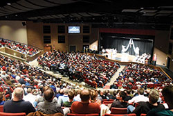 Some 1,200 men fill the auditorium of East Central High School in St. Leon on Feb. 26 for the seventh annual E6 Catholic Men’s Conference, sponsored by All Saints Parish in Dearborn County. (Photo by Sean Gallagher)