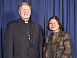 Cardinal Joseph W. Tobin and Dr. Carolyn Woo smile at a gala in Indianapolis on July 28 during which they and others were recognized with the Indiana Living Legends Award, the highest honor given by the Indiana Historical Society. (Submitted photo courtesy of Indiana Historical Society)