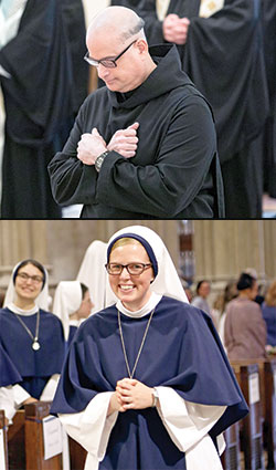 Top: Benedictine Brother Basil Lumsden professes solemn vows as a member of Saint Meinrad Archabbey in St. Meinrad on Aug. 15 in the monastic community’s Archabbey Church of Our Lady of Einsiedeln. (Photo courtesy of Saint Meinrad Archabbey) Bottom: Sister of Life Lucia Christi Zetzl processes on Aug. 6 into St. Patrick Cathedral in New York at the start of a Mass during which she and three other members of the New York-based religious community professed perpetual vows. (Photo courtesy of the Sisters of Life)