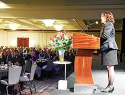 Indiana State Rep. Peggy Mayfield (R-Martinsville) speaks on Oct. 4 at the Celebrate Life Dinner in Indianapolis, sponsored by Right to Life of Indianapolis. (Photo by Sean Gallagher)