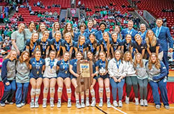 The girls’ volleyball team of Our Lady of Providence High School in Clarksville celebrates its victory in the Indiana Class 3A state championship on Nov. 5. (Submitted photo)