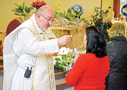 Father Daniel Mahan, priest in solidum in the four parishes in Dearborn County, distributes Communion during an April 27 Mass at St. Mary of the Immaculate Conception Church in Aurora. (Photo by Sean Gallagher)