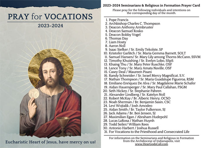A prayer card for vocations in the Archdiocese of Indianapolis with individual daily intentions for the years 2023-24.