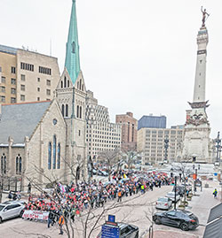 Some 2,000 pro-life advocates march around the Soldiers and Sailors Monument—the center of Indianapolis and of the state—during the Indiana March for Life on Jan. 22. (Photo by Sean Gallagher)