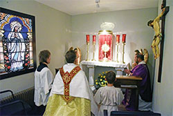 Father Jonathan Meyer kneels in prayer on Feb. 14 before the Blessed Sacrament in the Lourdes Chapel at St. Mary of the Immaculate Conception Parish in Aurora. Assisting Father Meyer are altar servers Andrew Oelker, left, and Levi Christy and Deacon Kevin Daily. (Photo by Sean Gallagher)