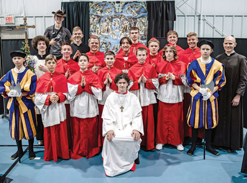 Youths from All Saints Parish in Dearborn County pose after taking part in a mock conclave on April 30 on the faith community’s St. Joseph campus. The event was a way for the youths and other parishioners to learn all the details of how a pope is elected. (Submitted photo)