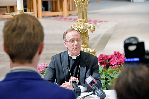 Archbishop Charles C. Thompson speaks about newly elected Pope Leo XIV during a press conference on May 8 at SS. Peter and Paul Cathedral in Indianapolis, the same day that American Cardinal Robert F. Prevost was elected as the 266th successor of St. Peter. (Photo by Natalie Hoefer)