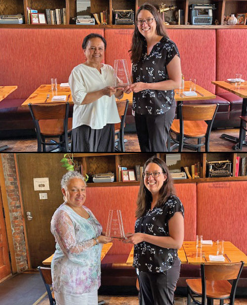 At top: Gladys Tarter of Holy Spirit Parish in Indianapolis receives the Archbishop Daniel Buechlein Excellence in Catechesis award from Ute Eble, archdiocesan director of catechesis. At bottom: Stephanie Whitley of Holy Angels Parish in Indianapolis receives the Archbishop Daniel Buechlein Excellence in Catechesis award from Ute Eble, archdiocesan director of catechesis. (Submitted photos)
