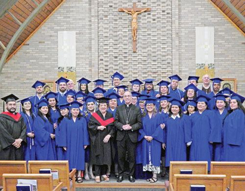 Thirty-two graduates were recognized on June 4 at Our Lady of Fatima Retreat House in Indianapolis as the 2025 graduating class of the archdiocese’s Intercultural Pastoral Institute. The program is operated by the archdiocesan Intercultural Ministry Office. Archbishop Charles C. Thompson celebrated a liturgy, then took part in a Pastoral Leadership Certificate ceremony. (Photo by Mike Krokos)