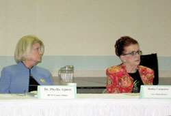 Dr. Phyllis Agness, of Indiana University-Purdue University/Charis House, and Dottie Carpenter, founder of Ave Marie House, answer questions from the crowd at a panel discussion on homelessness on April 29 at St. Jude Catholic Church.