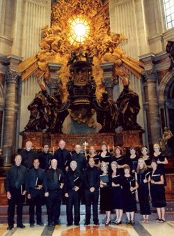 The choir from St. Mary Church, Evansville is shown at the main altar of St. Peter’s Basilica. In front row, from left, are Steve McCallister, Mark Valenzuela, Dennis Russell, Jack Martin, director Paul Schutz, Betsy Gorman, Sister Darlene Boyd, Mary Anne Mathews, Ashley Halbig, Kathy Greenwell; back row, Jamie Morris, Craig Schutz, John Stephenson, Rich D’Amour, Marge Schellhase, Mary Lynn Isaacs, Maria Morris, Marce Halbig, Tink Martin and Holly D’Amour.