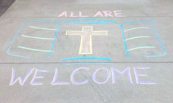 A chalk rendition of the diocesan theme and logo greets all students and parents on the first day of school at Flaget Elementary School in Vincennes. The design was done by Amanda Oakes, Flaget’s art teacher. (Message photo courtesy Amanda Oakes)