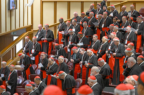Cardinals gather in the New Synod Hall at the Vatican for their fifth general congregation meeting April 28, 2025. (CNS photo/Vatican Media)