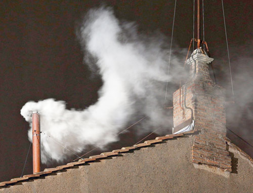 White smoke billows from the chimney of the Sistine Chapel on March 13, 2013, at the Vatican signaling that Argentine Cardinal Jorge Mario Bergoglio, who became Pope Francis, was elected the 266th Roman Catholic pontiff. The cardinals will again gather on May 7 to elect a successor to Pope Francis, who died on April 21. (CNS photo/Paul Haring) 