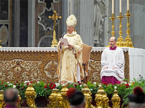 French Cardinal Dominique Mamberti, protodeacon of the College of Cardinals, gives his homily as he presides at the final Mass of the "novendiali," the nine days of official mourning for Pope Francis, at the Altar of the Confession in St. Peter’s Basilica at the Vatican May 4, 2025. (CNS photo/Lola Gomez)