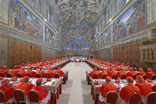 Cardinals are seated at their places in the Sistine Chapel at the Vatican as the conclave to elect a new pope begins May6 7, 2025. (CNS photo/Vatican Media)