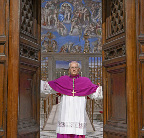 With Michelangelo's fresco of the Last Judgment behind him, Archbishop Diego Ravelli, master of liturgical ceremonies, closes the doors to the Sistine Chapel at the Vatican as cardinals begin the conclave to elect a new pope May 7, 2025. (CNS photo/Vatican Media)