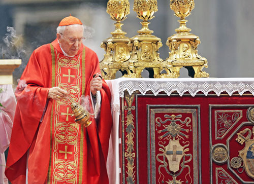 Cardinal Giovanni Battista Re, dean of the College of Cardinals, celebrates Mass in St. Peter's Basilica at the Vatican, May 7, 2025, the first day of the conclave to elect a new pope. (OSV News photo/Murad Sezer, Reuters)