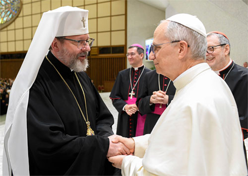 Pope Leo XIV greets Major Archbishop Sviatoslav Shevchuk of Kyiv-Halych, head of the Ukrainian Greek Catholic Church, during a meeting with participants in the Jubilee of the Eastern Churches in the Paul VI Audience Hall at the Vatican May 14, 2025. (CNS photo/Vatican Media)