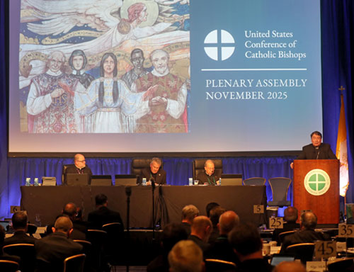 Cardinal Christophe Pierre, papal nuncio to the United States, delivers his address during a Nov. 11, 2025, session of the fall general assembly of the U.S. Conference of Catholic Bishops in Baltimore. Also pictured are Father Michael Fuller, general secretary of the U.S. Conference of Catholic Bishops; Archbishop Timothy P. Broglio of the U.S. Archdiocese for the Military Services, outgoing president; and Archbishop William E. Lori of Baltimore, outgoing vice president. (OSV News photo/Bob Roller)